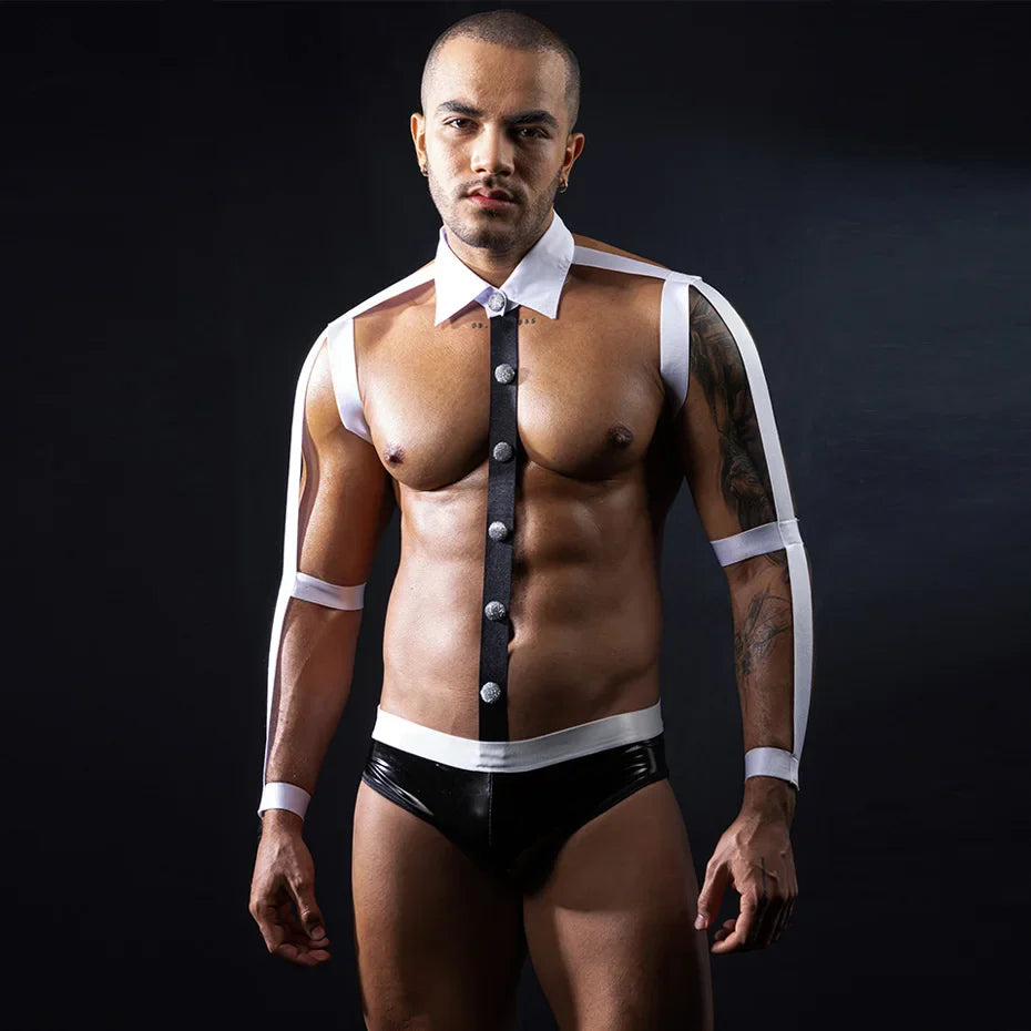 Alluring Waiter Cosplay Lingerie Men Halter Bodysuit