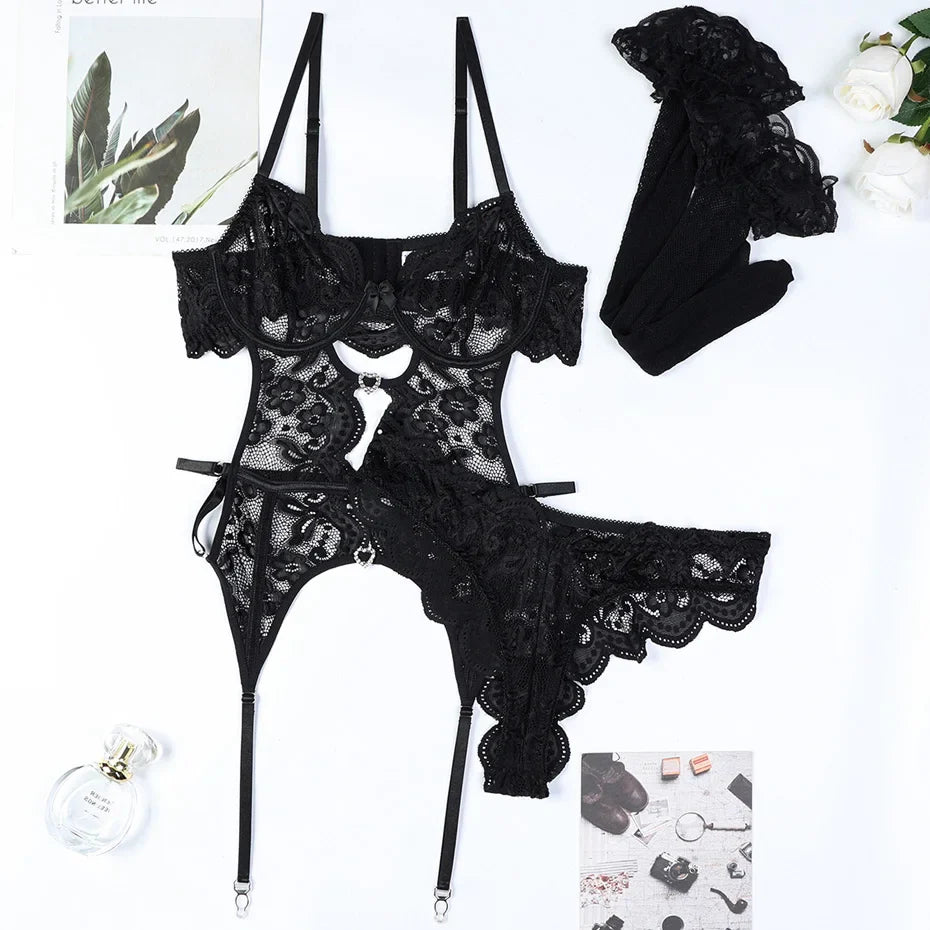 Lace Bodysuit & Stockings Set Alluring Lingerie For Women