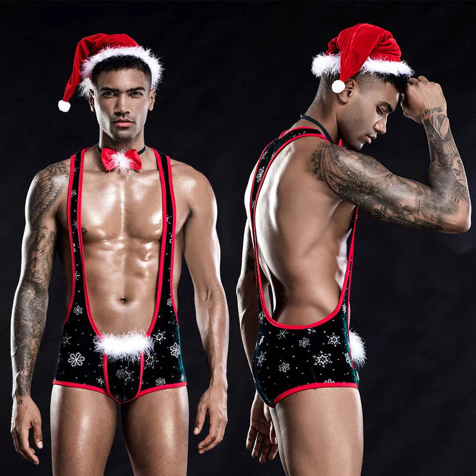 Feather Bodysuit Men Christmas Lingerie Set Alluring Role
