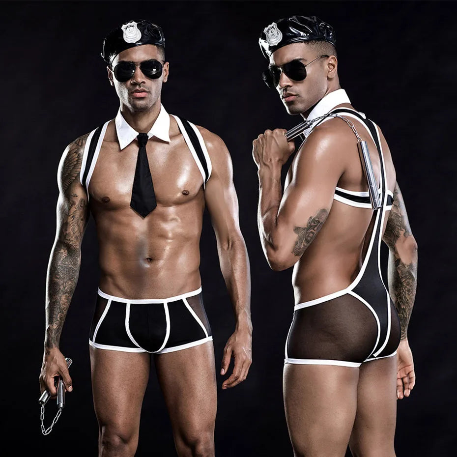 Men Police Uniform Latex Lingerie Set Alluring Role Play