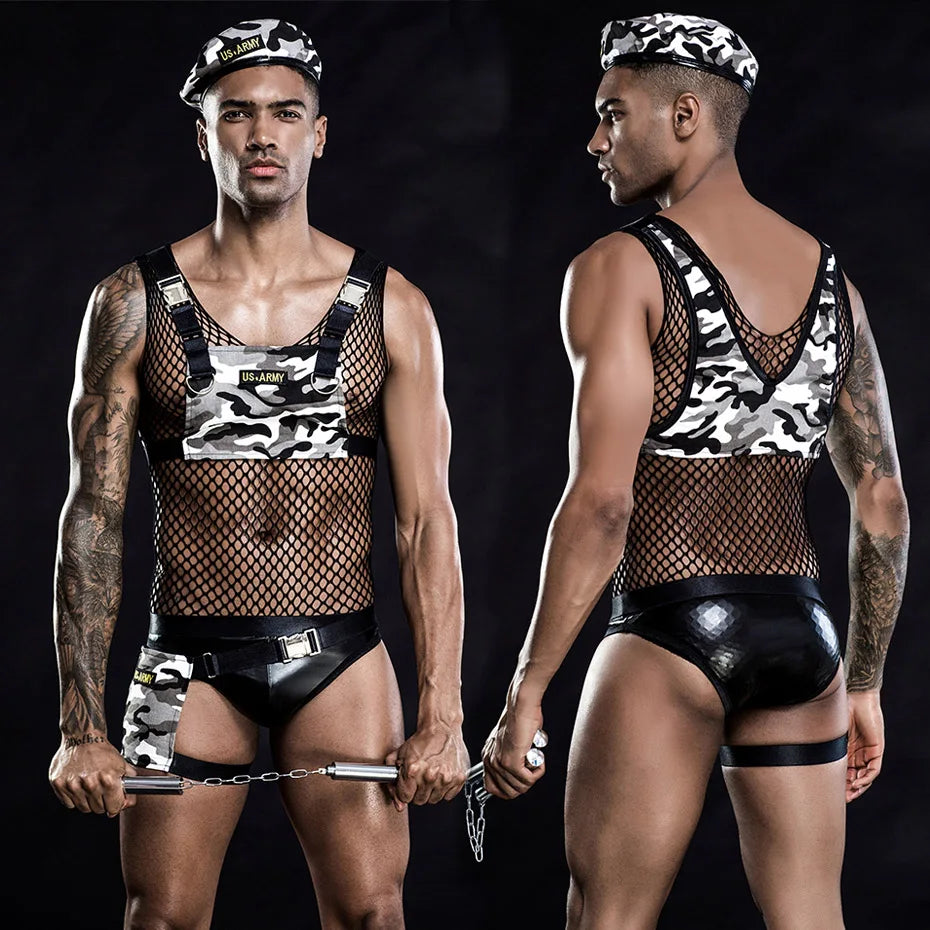 Alluring Army Cosplay Lingerie Set Men Leather Bodysuit