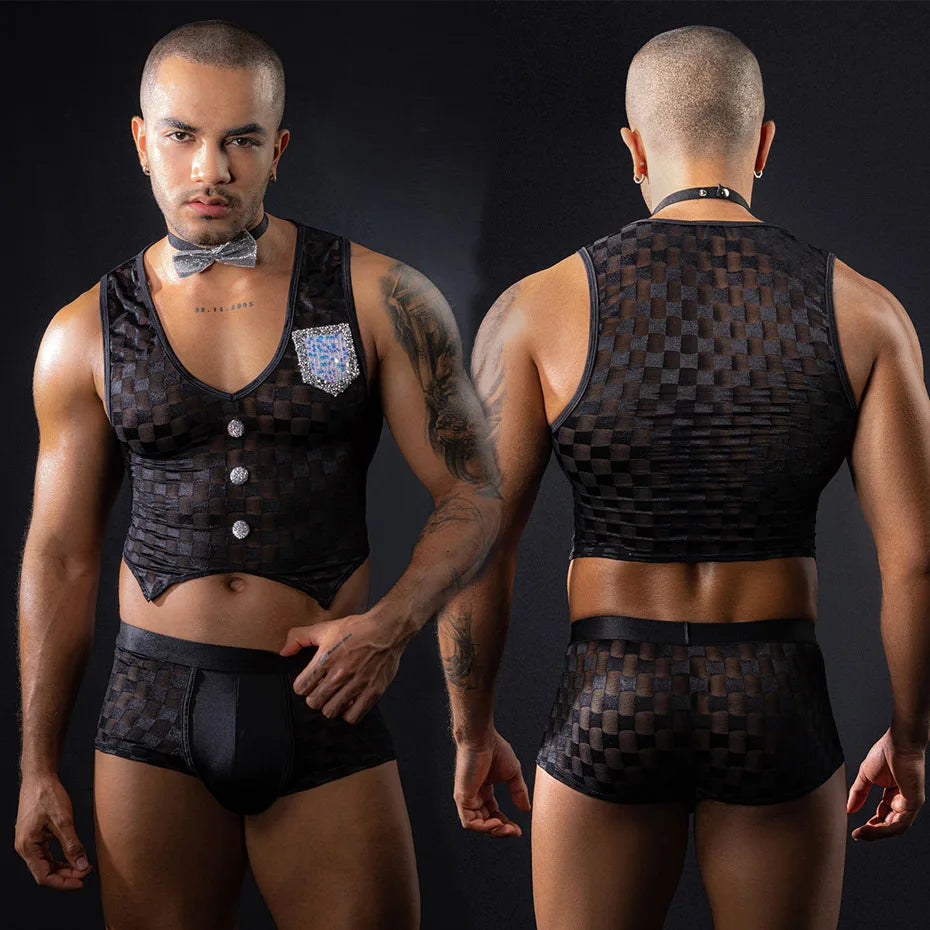 Men Leather Bodysuit & Pants Set Alluring Lingerie
