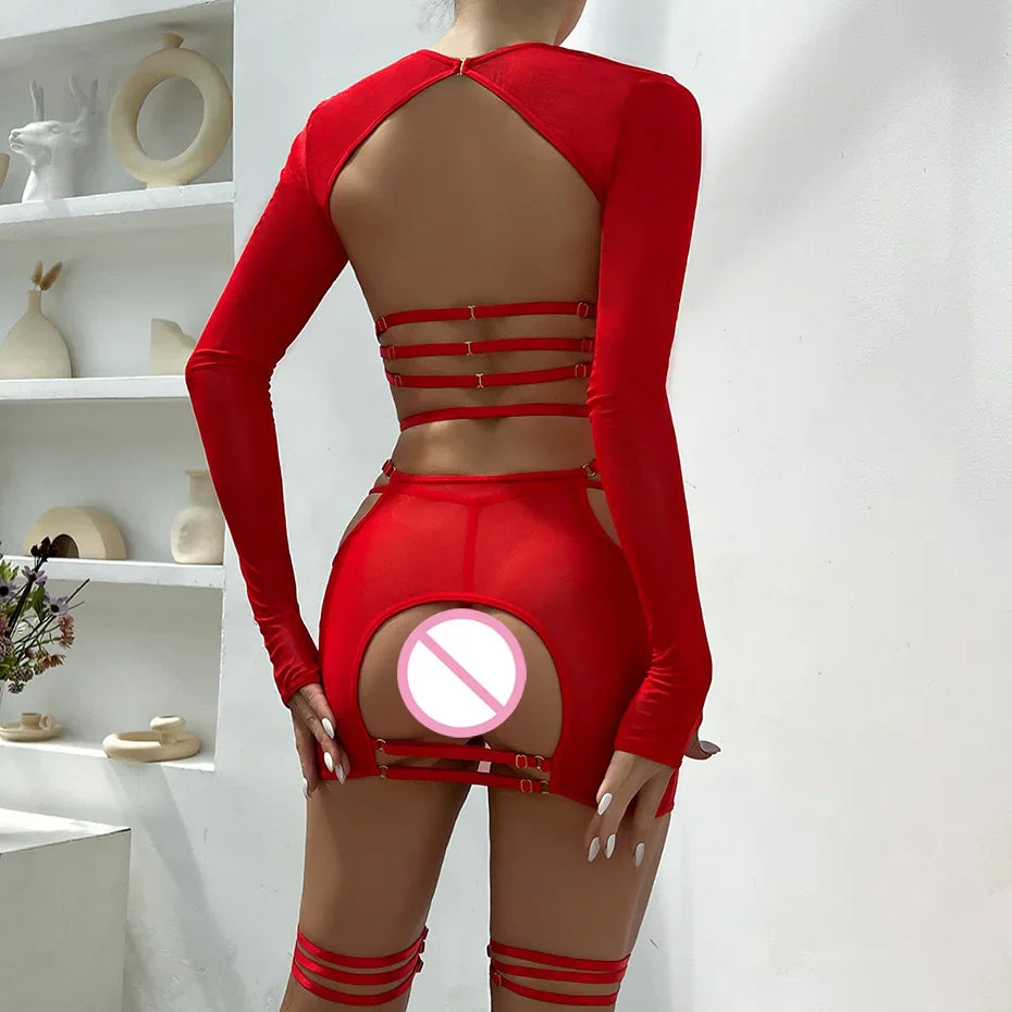 Women Red Thermal Underwear Set Backless Bondage Top & Skirt