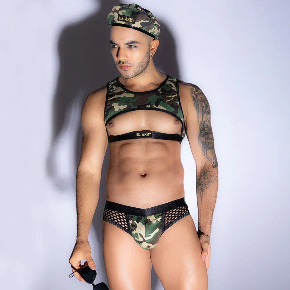 Men Army Cosplay Lingerie Set 4 Pieces Hollow Out Top &