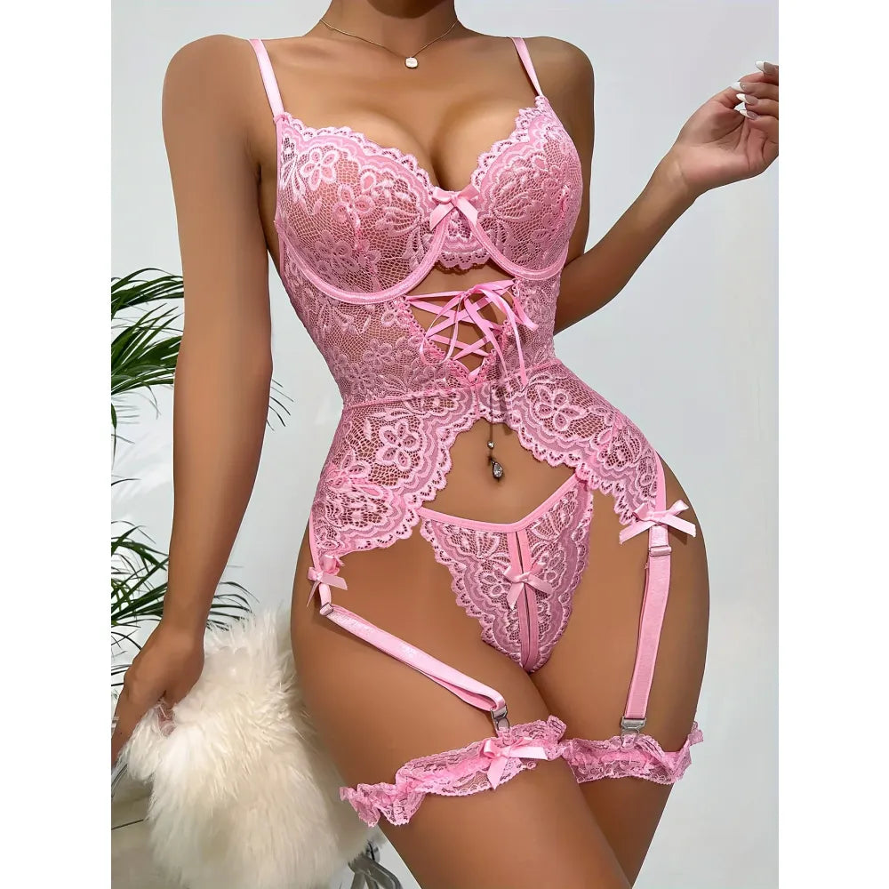 Chic Lace Garter Bodysuit Panty Set