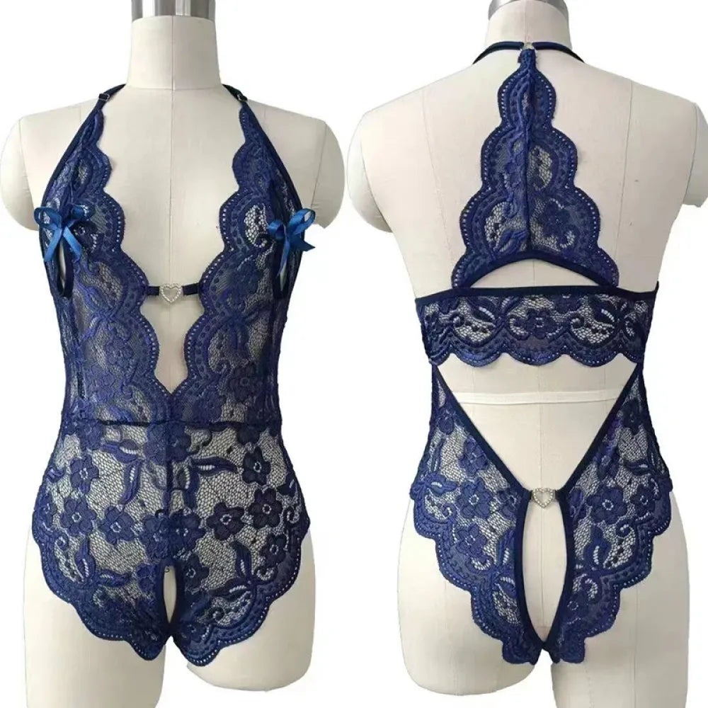 Lace Crotchless Bodysuit Deep V Neck