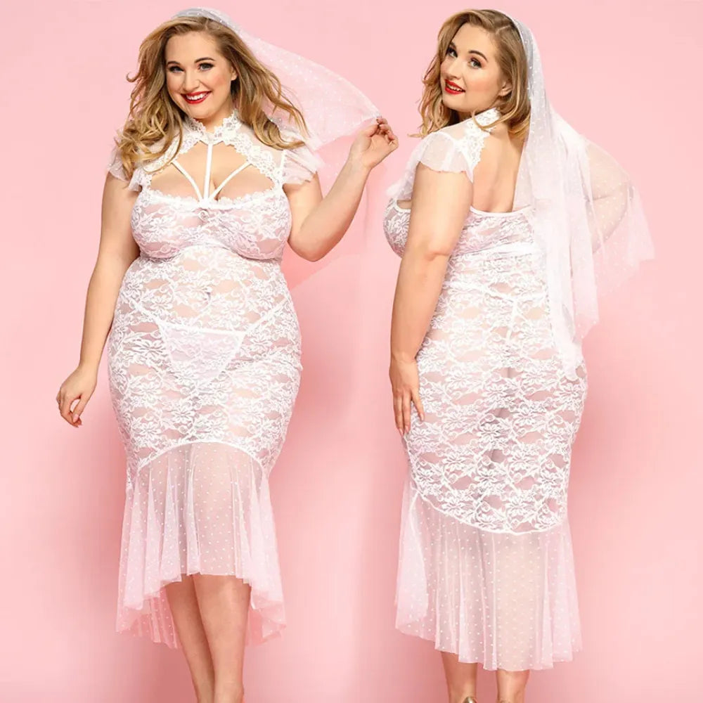 Plus Size Faux Leather Lingerie Dress Embroidered Sleepwear