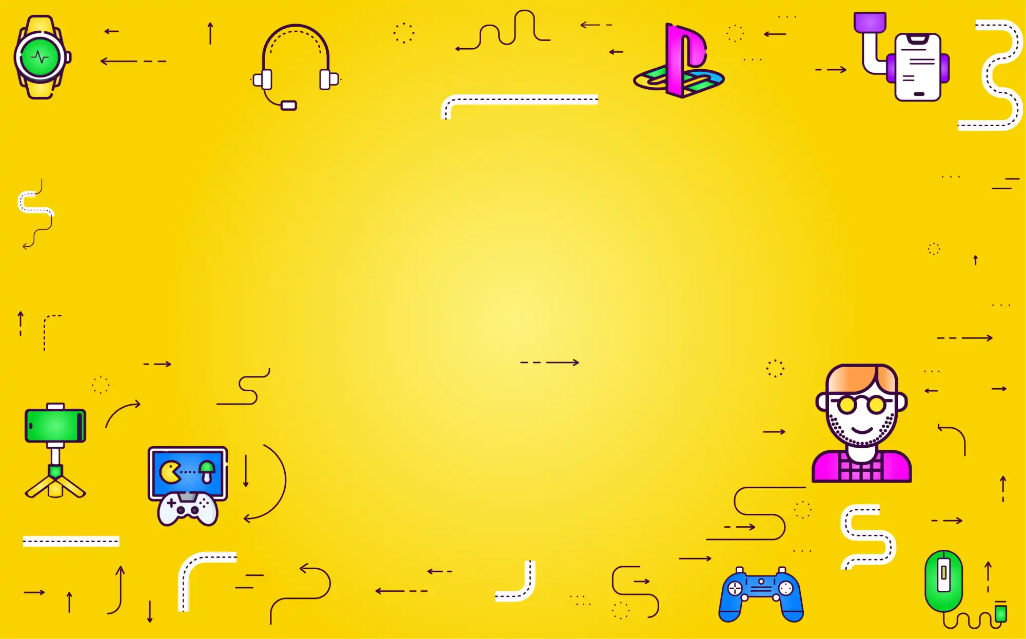 Yellow background with gaming-themed icons and illustrations scattered around, including controllers, headphones, and PlayStation symbols.